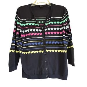 Talbots Women's Navy Heart Print Cardigan Sweater Size L 3/4 Sleeve Button Front